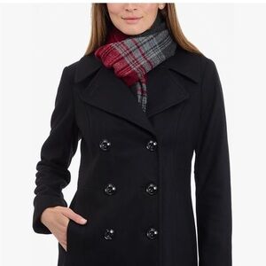 London Fog Collection Black Double-Breasted Pea Coat With Scarf